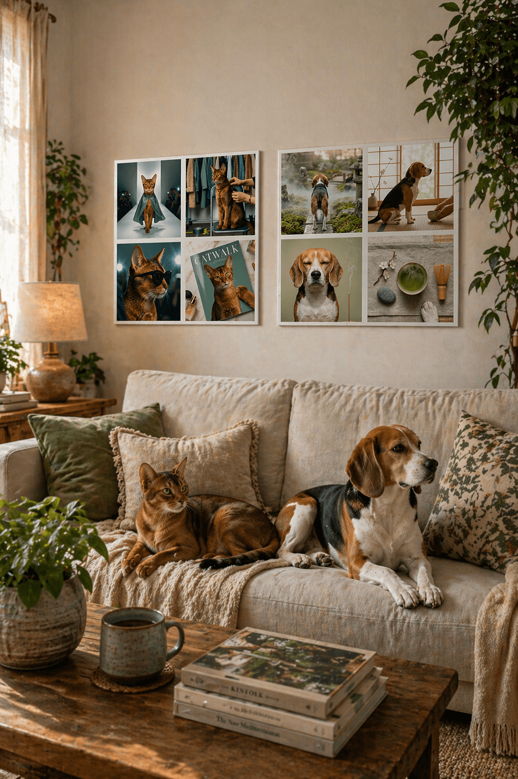 A husky on a couch with a MDPoster hanging on the wall behind it
